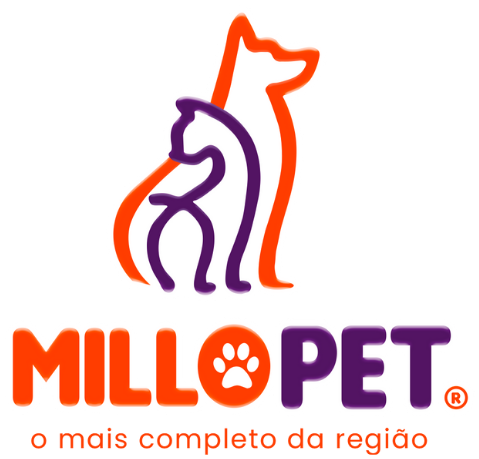 Logo gato e pet nas cores laranja e roxo millo pet.